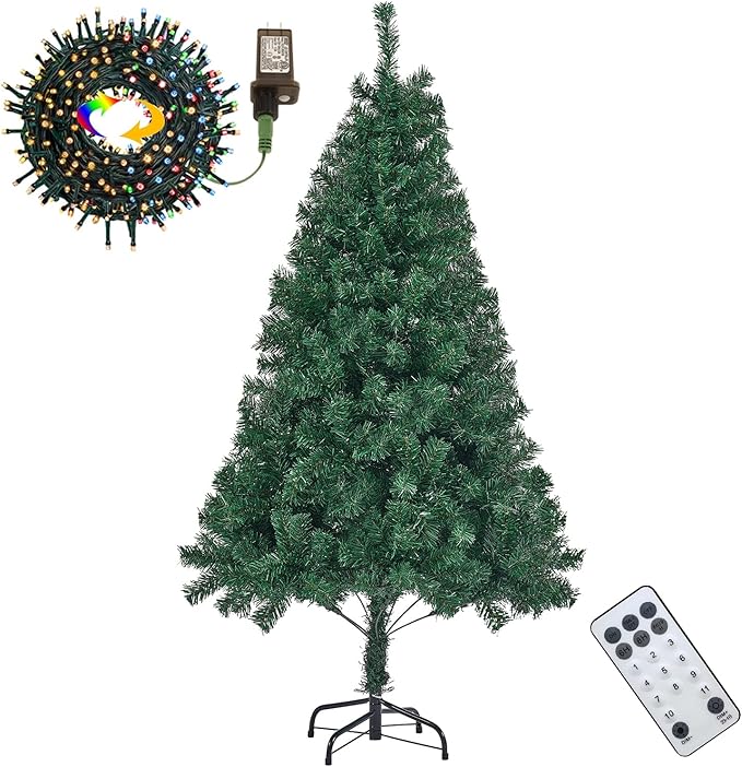 Juegoal 5 FT Artificial Christmas Tree (NOT Pre-Strung) with Remote Control, 200 LED Warm White & Multicolor Changing Lights, Fake Xmas Pine Tree with Metal Legs, 550 Branch Tips, Green