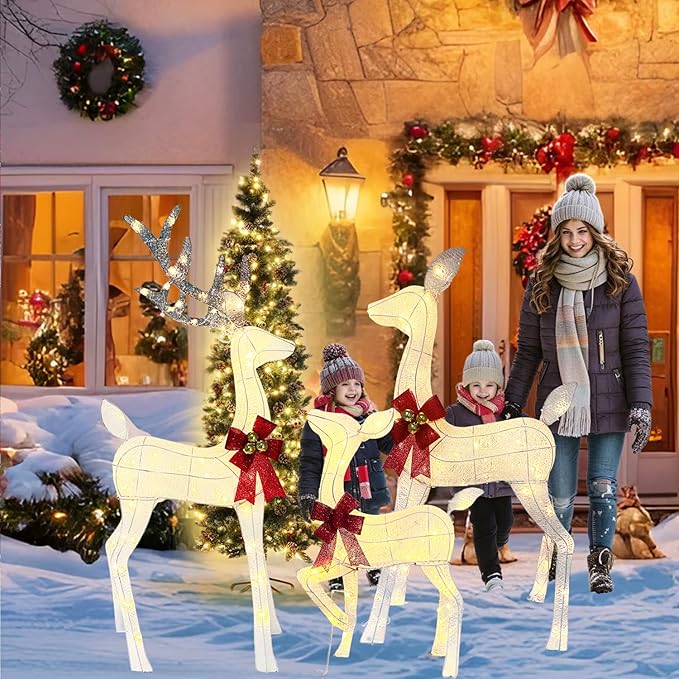 Lighted Reindeer Christmas Outdoor Yard Decorations, 4ft 3-Piece Reindeer Family Set with 240 LEDs, Ground Stakes, Durable Weatherproof Metal Frame for Home, Garden, Indoor Holiday Decor, White