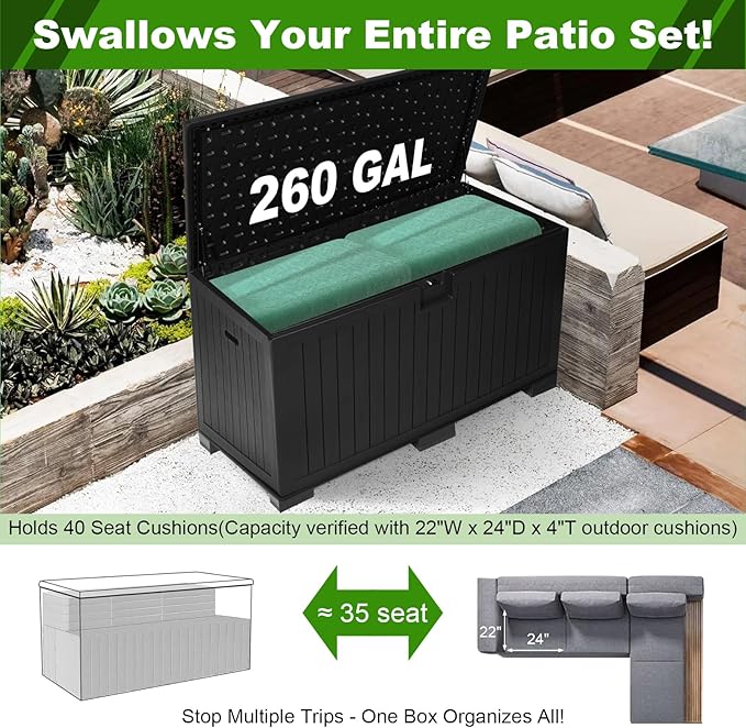 260 Gallon Outdoor Storage Box Waterproof, Extra Large Plastic Outside Deck Box Weatherproof, Resin Outdoor Cushion Storage Container with Lock and Lids for Cushion and Pool Equipment, Black