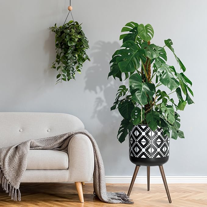 D'vine Dev 16 Inch Planter Pot with Stand, Mid-Century Tall Plant Pot with Legs for Indoor Plants, White/Black, 88-G-E-4