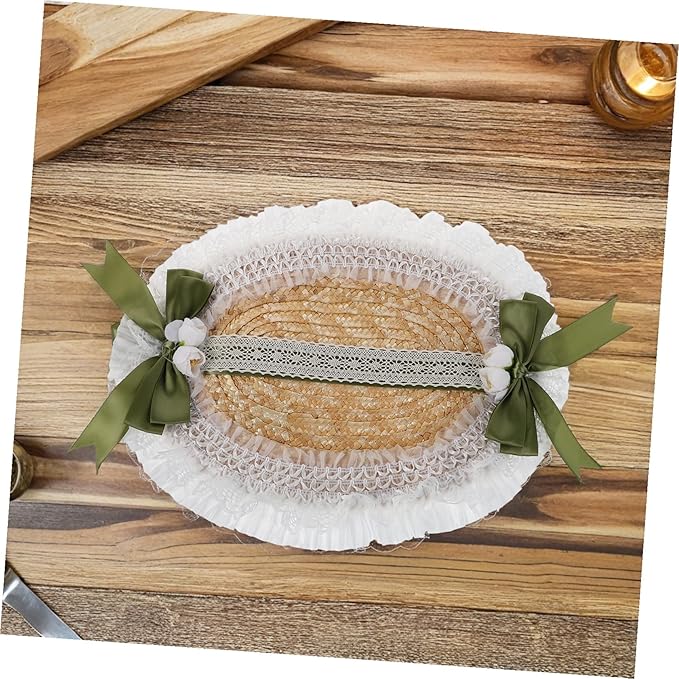 Vintage Lolita Straw Sun Hat with Adjustable Bowknot Ribbon Lightweight Breathable Bonnet for Women Elegant Victorian Cottagecore Accessory for Garden Parties Beach Sun Protection Green