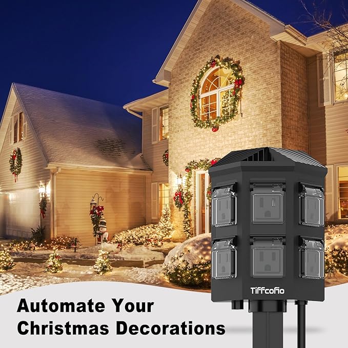 TiFFCOFiO Outdoor Power Stake Timer, 100FT Remote Control, Dusk to Dawn Christmas Light Timer, 6FT Extension Cord Waterproof, 6 Grounded Outlets for Outdoor Christmas Decorations, ETL Listed