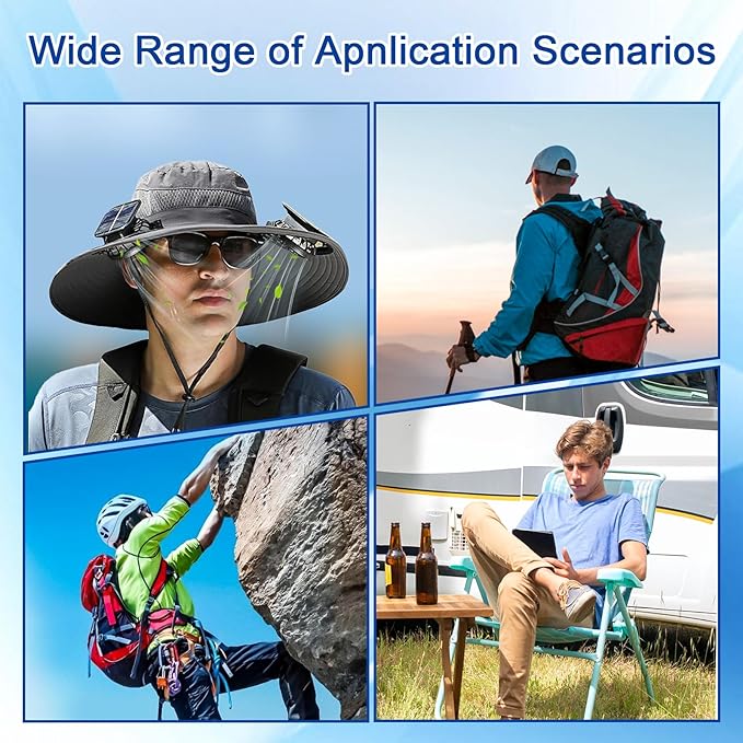 Solar Fan Hat, Wide Brim Sun Cap with 2 Solar Sun Protection Fans, USB and Solar Powered Fan Hat