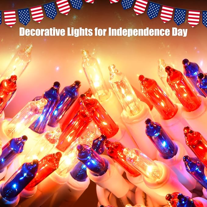 4th of July Decorations Patriotic Lights 100 Count Mini Red White Blue Incandescent Bulb Plug in Independence Day Lights for Indoor Outdoor Home Garden Patriotic Theme Memorial Day Decorations