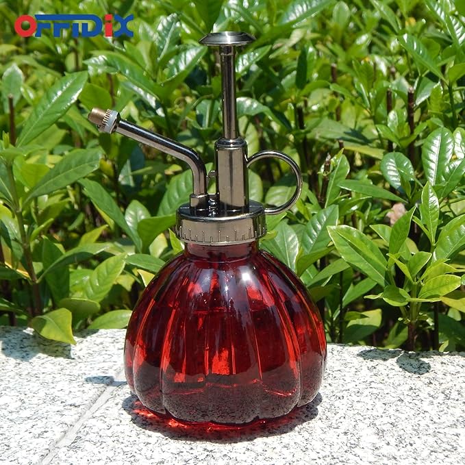 OFFIDIX Plant Glass Spray Bottle,Flower Mister Indoor Plant Watering Can Pot 6.3" Tall Vintage Pumpkin Style with Bronze Plastic Top Pump One Hand Small Watering Cans for House Plants(Red)