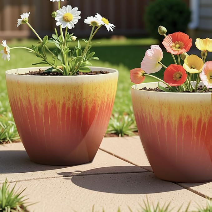 Plant Pots Pack of 4, 8 inch Plastic Flower Pots, Modern Glossy Finishing Planter for Indoor Outdoor Plants (Orange Glaze, 4 Pack)