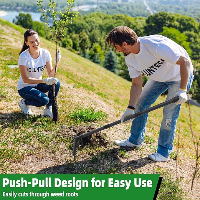 76.8" Hula Garden Hoe and 12 Tines Rake 2-in-1 Garden Tool for Weeding, Garden Cultivator with Adjustable Long Handle Heavy Duty Weed Puller Stirrup Hoe for Ditching, Seeding, Loosening Soil