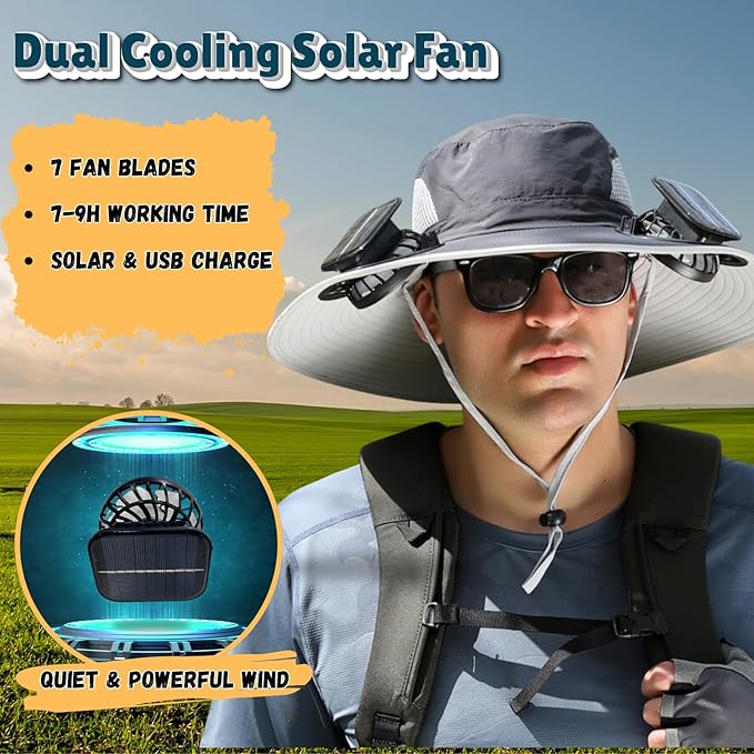 Outdoor Wide Brim Sun Hat with 2 Solar Fan Sun Bucket Hat for Men Women UPF 50+ Bucket Fishing & Beach Hat with Fan Built in
