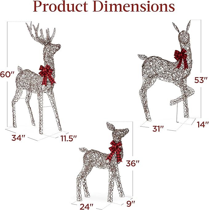 Best Choice Products 3-Piece Large Lighted Christmas Deer Family Set 5Ft Outdoor Yard Decoration with 360 LED Lights, Stakes, Zip Ties - Rattan