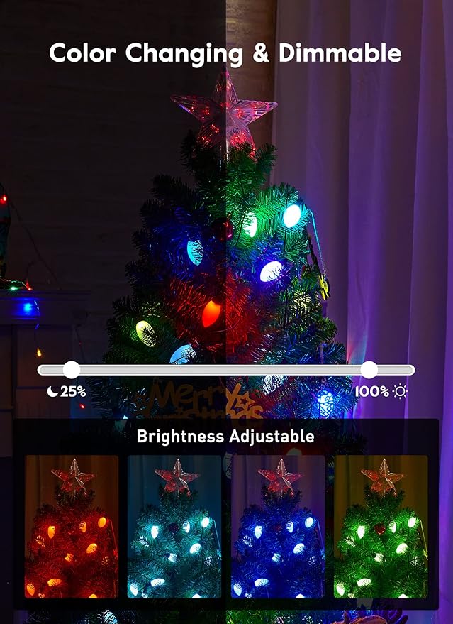 Brightown C9 LED Christmas Lights Outdoor, 100 LED RGB Smart Christmas Tree Lights with Music Sync APP Controlled, Waterproof Connectable C9 String Lights for Indoor House Party Patio Garden Decor