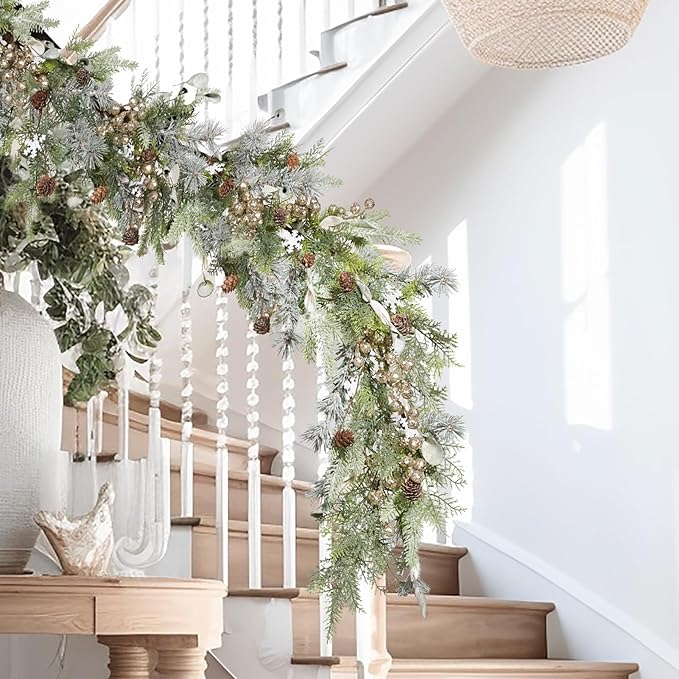 WBHome 2PCS 6ft Mixed Snowy Norway Spruce & Pine Branch with Shimmy Berries Mantle Christmas Garland, Winter Flocked Garland for Christmas Holiday Seasonal Indoor/Outdoor Home Decor