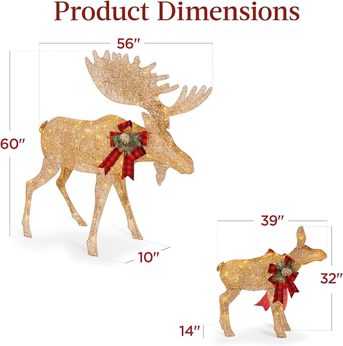 Best Choice Products 5ft 2-Piece Moose Family, Lighted Outdoor Christmas Yard Decoration, Light-Up Décor Set w/ 370 LED Lights, Zip Ties - Gold
