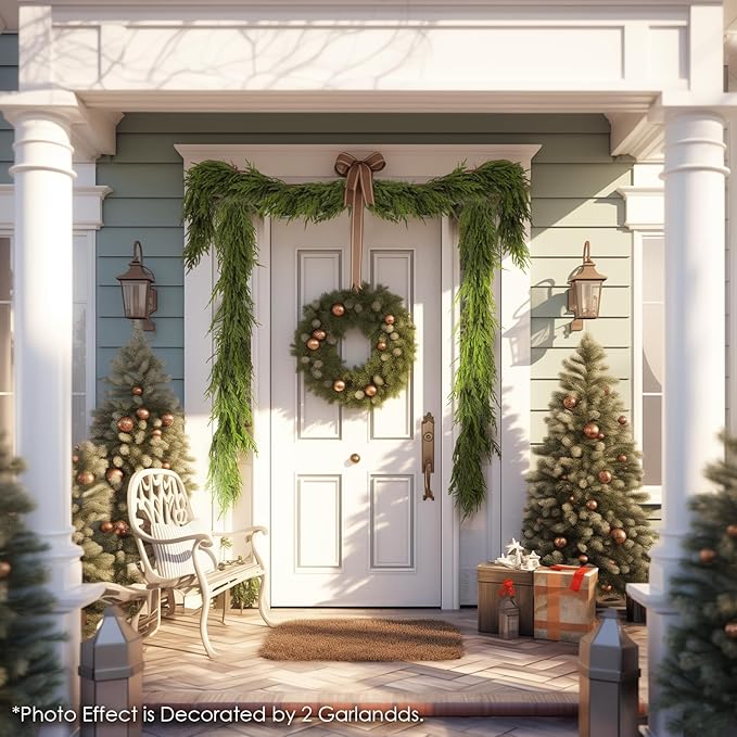 WBHome 6ft Pre-lit Real Touch Norfolk Pine Prelit Christmas Garland, Winter Greenery Garland for Christmas, Holiday Seasonal Outdoor/Indoor Home Decor