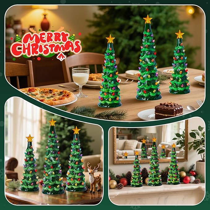 Brightown Lighted Ceramic Christmas Tree Set of 3, Pre-Lit Hand-Painted Tabletop Christmas Tree with Multicolored LED Lights, Battery Operated Vintage Ceramic Tree for Home Table Holiday Decor, Green