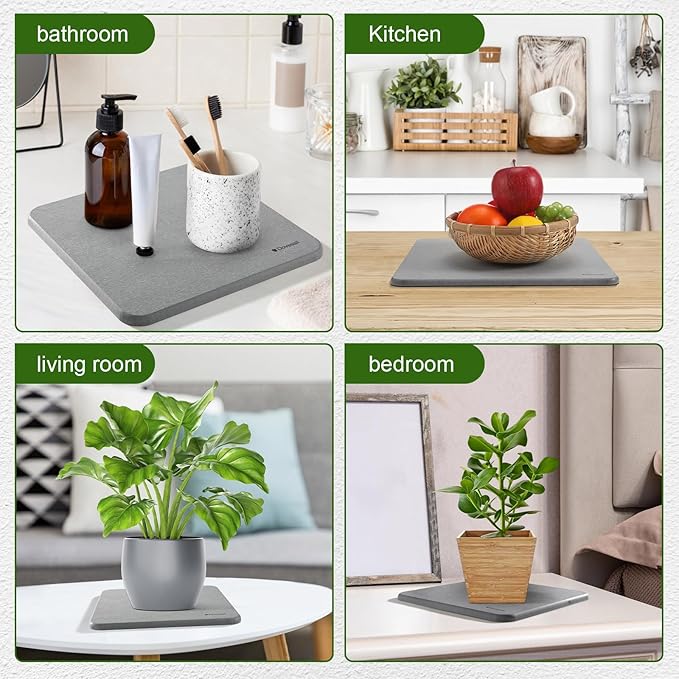 Plant Saucer, 8" Instantly Dry Diatomaceous Earth Stone Prevents Moisture Buildup, Flower Plant Tray Pot Saucer Keep Counter and Floors Dry and Clean (2 Pack)- Dark Gray