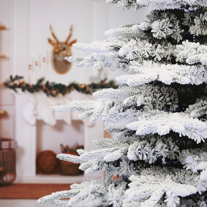 Fraser Hill Farm 9-Ft. Pine Valley Flocked Christmas Tree, Snowy Xmas Tree with DIY Potential with No Attached Lights, Artificial Christmas Tree with Metal Base, Easy to Set up