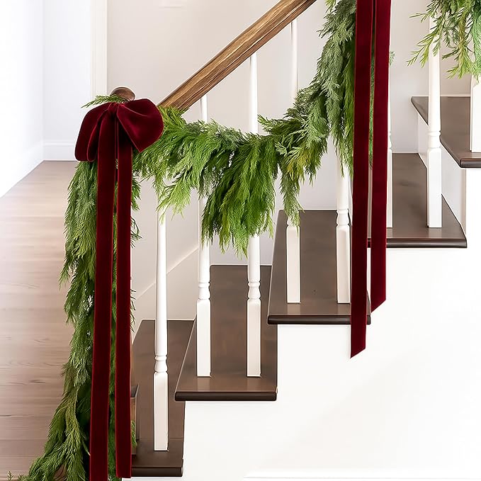 Janinka 6 Pcs Burgundy Large Velvet Christmas Swag Bow 31.5 x 23.6 inch Vintage Christmas Ornament Wine Red Rustic Velvet Staircase Wreath Bows Xmas Tree Topper Bows Large Bow for Outdoor