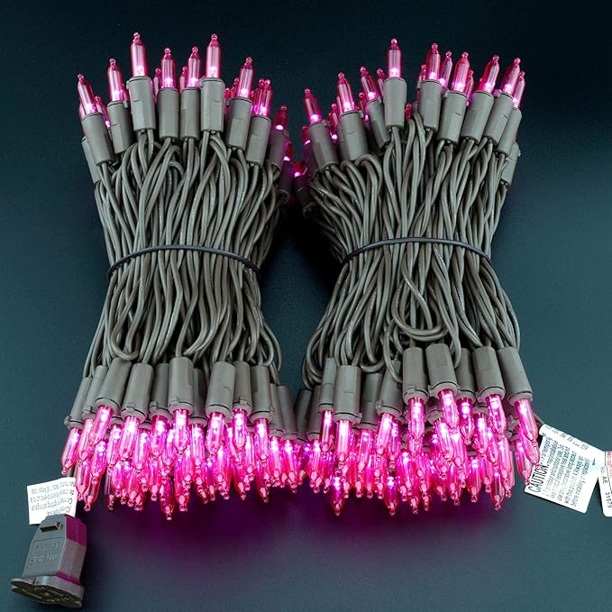 YULETIME 200 Pink LED Christmas Lights, 66 Feet Brown Wire UL Certified Commercial Grade Holiday String Light Set