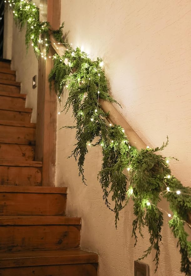 MISSPIN 9ft Christmas Garland with String Lights, Real Touch Cedar Pine Garland, Green Artificial Greenery Garland for Table, Mantle, Wall, Indoor, Outdoor Christmas Decorations