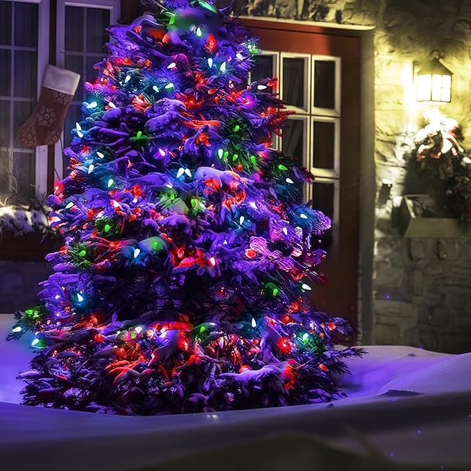 WBao C6 Battery Operated Christmas String Lights, 100 LED 33ft with 8 Modes, Timer, Waterproof for Indoor Outdoor Christmas Trees, Fence, Stairs Xmas Decorations, Red Green White