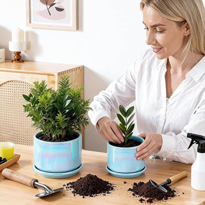 EFISPSS Ceramic Planter 4+5+6 Inch Ceramic Flower pots for Indoor Plants with Drainage,for Succulent Cactus,Garden Planters,Modern Decorative for Home Blue Pearl Glaze Plant Pots