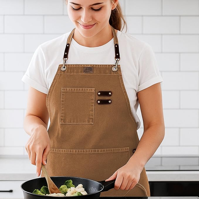 LEATHER VILLAGE Chef Aprons for Men Women with Large Pockets, Cotton Canvas Cross Back Adjustable Work Apron, Size M to XXL