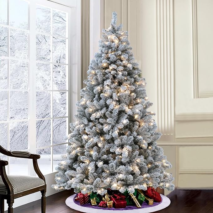 Flocked Christmas Tree, 6 ft Prelit Christmas Tree with Lights, 10 Functions, 250 Lights, Spruce Artificial Christmas Tree Prelit with Realistic Tips & Sturdy Metal Base Easy Assembly