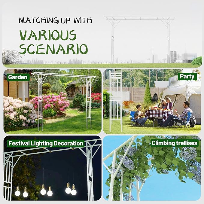Flat Top Garden Arch Arbor Trellis, 11.81FT x 9.02FT Metal Pergola for Climbing Plants, Galvanized Steel Pipe with Plastic Coating, Decorations Pergola for Garden, Backyard, Lawn(White)