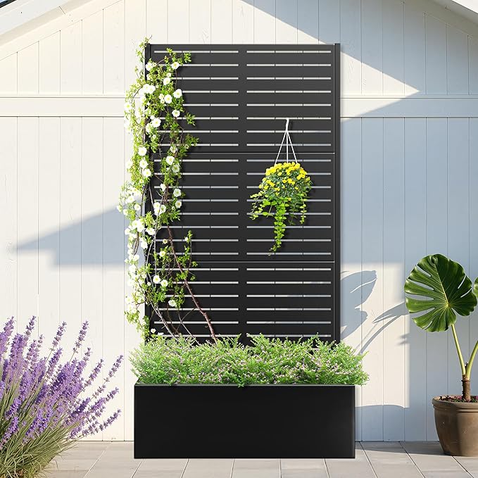 Metal Planter Box with Trellis, Planter Box with Privacy Screen, Privacy Trellis Outdoor for Climbing Plants with Drainage Holes, Raised Garden Bed for Vegetables