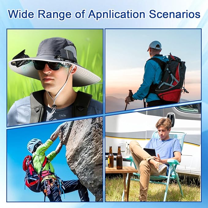 Solar Fan Hat, Wide Brim Sun Cap with 2 Solar Sun Protection Fans, USB and Solar Powered Fan Hat