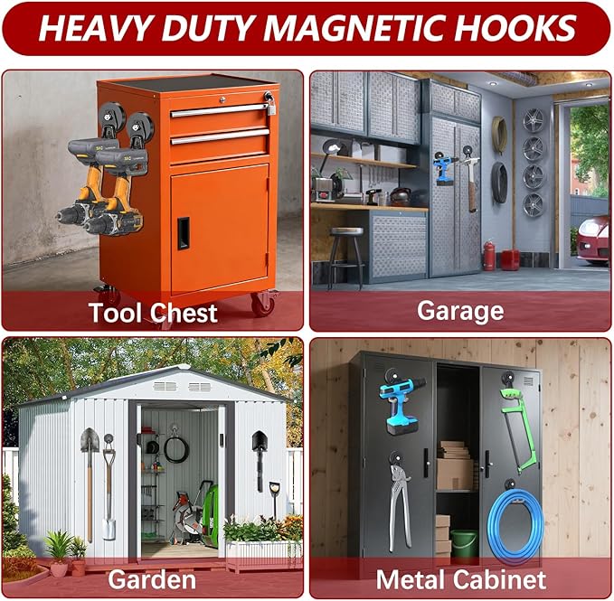 3-H Heavy Duty Magnet Garage Hooks 4 Pack, Large Strong Magnetic Hooks for Hanging Cordless Power Drill, Utility Magnetic Tool Holder for Metal Cabinet, Steel Pegboard, Toolbox, Garage(Grey)