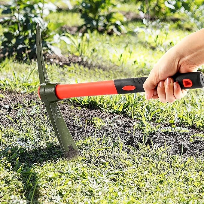 15 Inch Pick Mattock Hoe, Forged Steel Weeding Pick Axe with Fiberglass Long Handle Garden Tool for Digging, Gardening, Camping, Prospecting, Construction Work