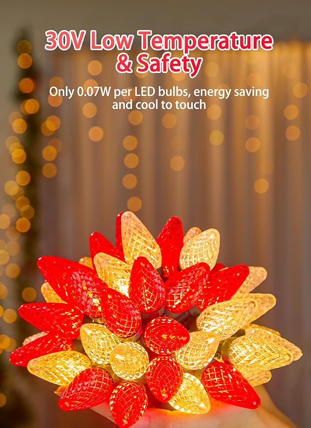 C9 LED Christmas Lights Outdoor, 81 Feet 100 LED String With Timer & 8 Light Mode, Waterproof Commercial Grade Christmas Tree for Outside Indoor Roofline Patio Decor, Red & White