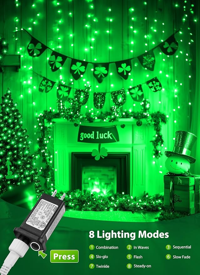 St. Patrick Mini Christmas Lights, 39 Feet 100 LED Fairy String Lights with 8 Lighting Modes, Waterproof Connectable for Indoor Outdoor Xmas Tree Garland Wreath Holiday Decoration, Green