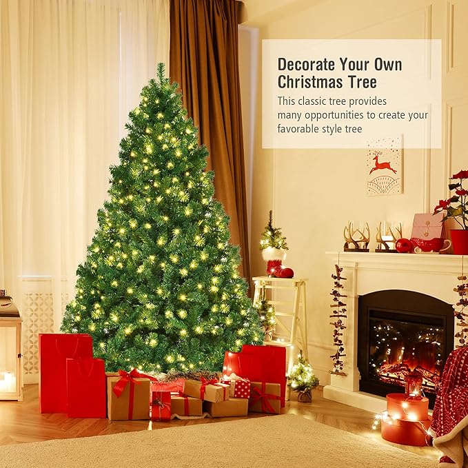 7ft Prelit Christmas Tree, Indoor Xmas Tree w/ 1096 PVC Branch, Pre-Strung 300 Warm White LED Lights & Metal Hinge,Easy Set Up, Artificial Christmas Tree for Home, Holiday, Party Decoration