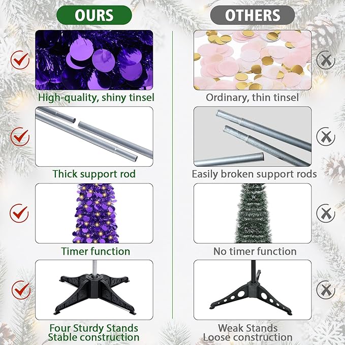 HMASYO 5 FT Pop Up Christmas Tree with Timer Lights, Purple Christmas Tinsel Tree, Collapsible Artificial Pencil Christmas Tree for Indoor Home Apartment Porch Holiday Party Decorations