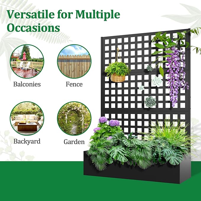 Metal Raised Garden Bed with Trellis, 2 in 1 Trellis with Planter Box & Privacy Screen for Climbing Plants, Vine, Outdoor Standing Flower Beds with Drainage Holes, 47.2"L x 16.7"W x 70.8"H, Black