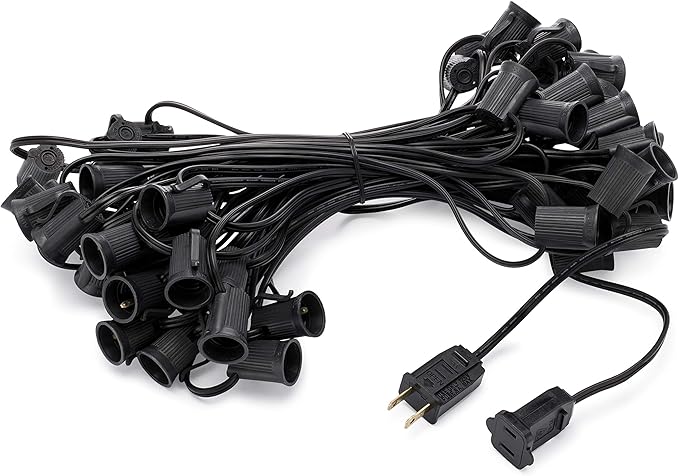 HLO Lighting C9 Light Stringer | Thick Commercial Grade SPT-2 Wire | for Use with C9 String Lights | 12" Socket Spacing | 50-Foot Black Wire