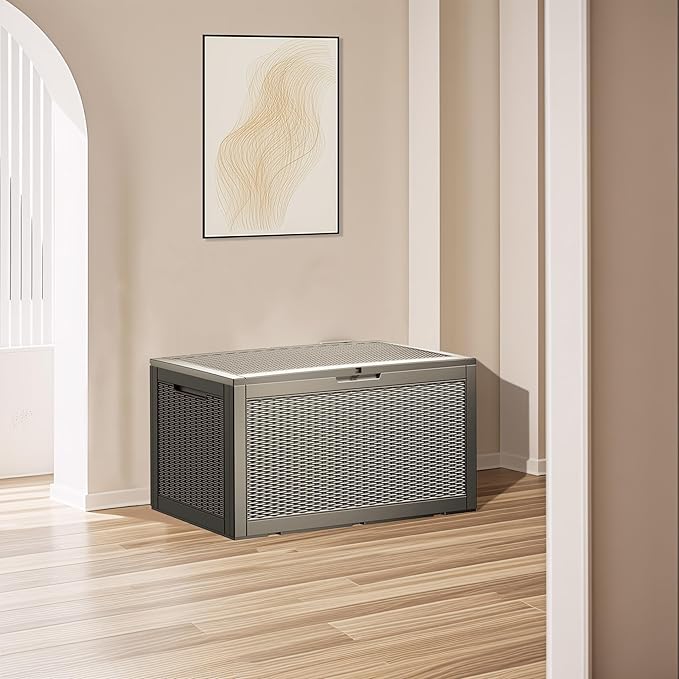 100 Gallon Waterproof Large Resin Deck Box Indoor/Outdoor Lockable Storage Container and Seating for Garden, Pool, and Patio (100 Gallon, Grey)