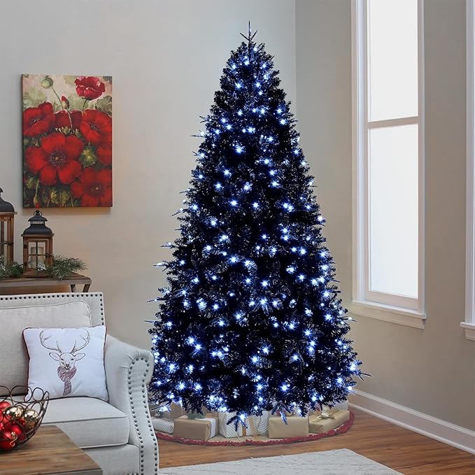 4FT PreLit Black Christmas Tree with 150 Lights, Artificial Fake Christmas Tree with 666 PE&PVC Branch Tips, Halloween and Xmas Tree for Holiday Decorations, Metal Stand and Hinged Branches