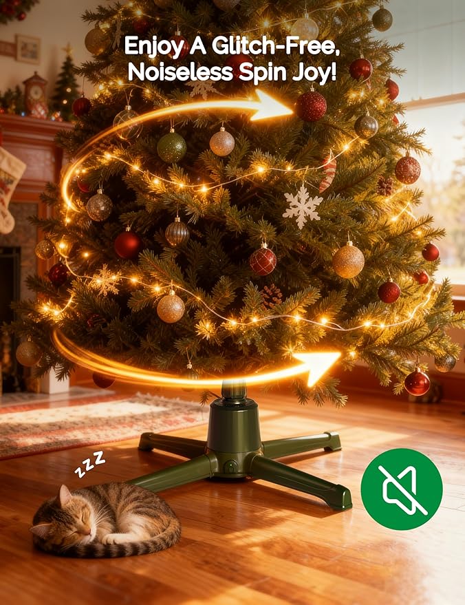 COOLWUFAN Musical Rotating Christmas Tree Stand with Remote Control, Built-in Electrical Outlets Xmas Tree for Up to 9ft Artificial Trees, Stable 360 Degree Spinning Tree Base Holder