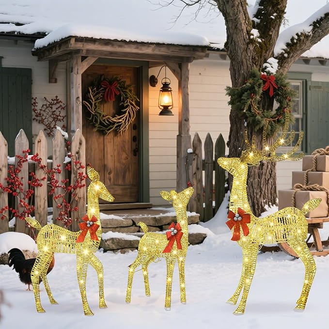 Outdoor Lighted Reindeer Family Christmas Decor, 3-Piece Large Deer (Buck/Doe/Fawn) Holiday Lawn Decorations Set, 210 Warm White LED, Metal & Rattan, Perfect for Yards, Garden