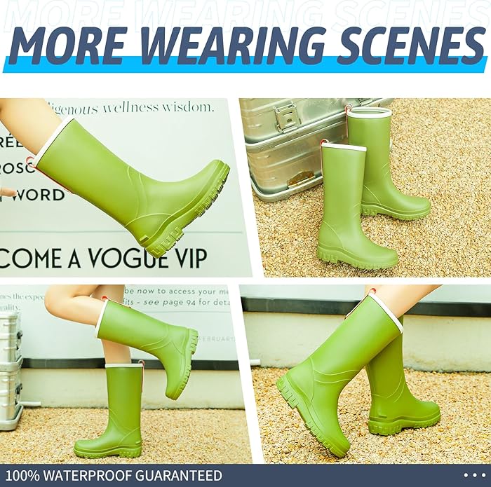 Women's Ankle Rain Boots - Slip On Waterproof Festival & Garden Shoes for Men - Comfortable Lightweight Rubber Wellies with Decorative Buckle