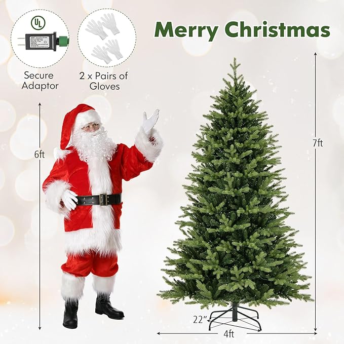 Happygrill 7 FT Pre-Lit Artificial Christmas Tree, Hinged Xmas Tree w/1646 Branch Tips, 470 LED Lights, 11 Lighting Modes, 3 Auto Timers, 4-Level Brightness & Remote Control, Decoration Tree for Party