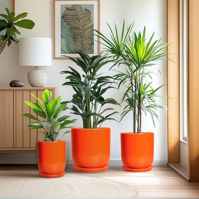 Indoor Planter 10 Inch - Ceramic Plant Pot with Drainage Hole and Saucer, Modern Decorative Round Planter for Indoor Outdoor Plants, Housewarming Gifts, Home Garden Office Decor, Orange