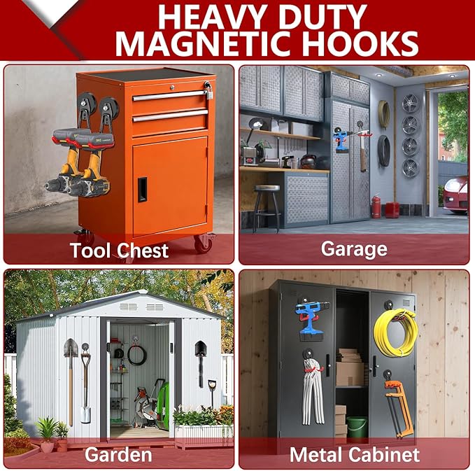 3-H Heavy Duty Magnet Garage Hooks 2 Pack, Extra Large Strong Magnetic Hooks for Hanging Cordless Power Drill, Utility Magnetic Tool Holder for Metal Cabinet, Steel Pegboard, Toolbox, Garage(Red)