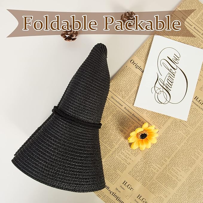 Senker Fashion Sun Hats for Women, Wind Lanyard Wide Brim Straw Hat for Summer Beach Garden Vacation Foldable UPF 50+