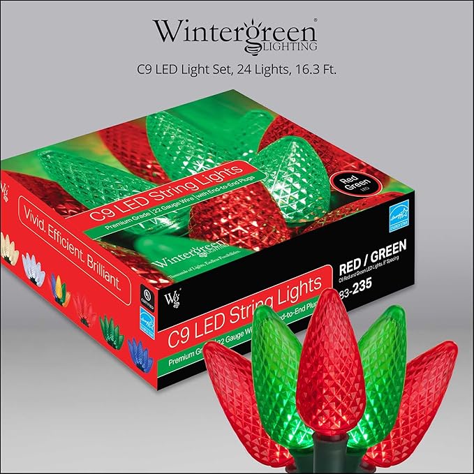Wintergreen C9 Red and Green Christmas Lights - Set of 24, 16.3 Ft LED String Lights, Indoor-Outdoor
