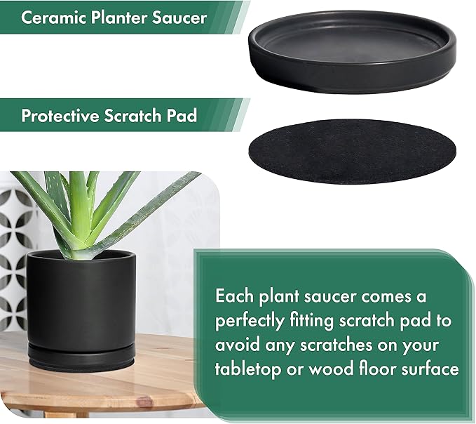 D'vine Dev Modern Round 5.4 Inch Ceramic Plant Pot Saucer, Planter Pot Drainage Tray for Indoor Plants, Set of 2, Matte Black, 97-T-B-22
