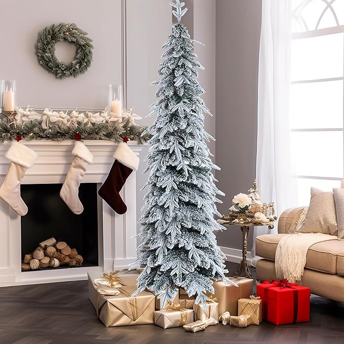 LuxenHome 7FT Flocked Christmas Tree, Unlit Downswept Slim Pencil Christmas Tree with 557 PE+PVC Brand Tips, Tall Artificial Christmas Trees with Stand for Indoor, Outdoor Holiday Decorations